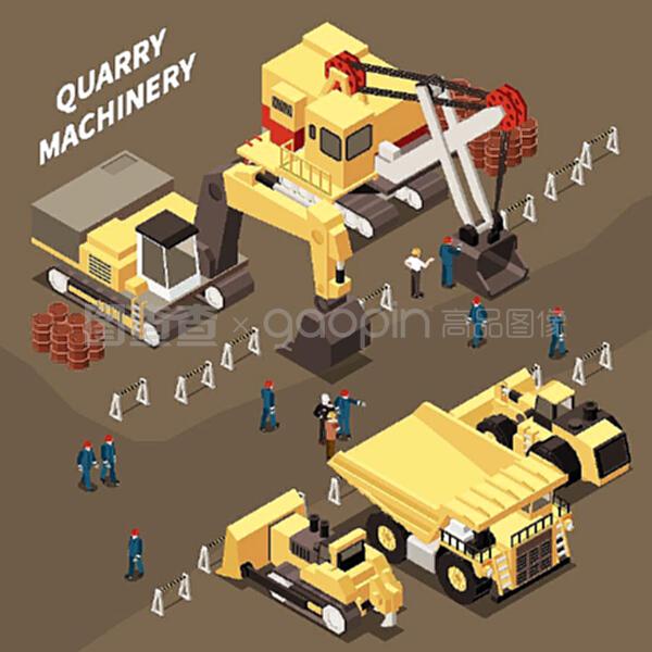 采矿机械设备和矿工三维等距矢量图示在办公用品中的应用
